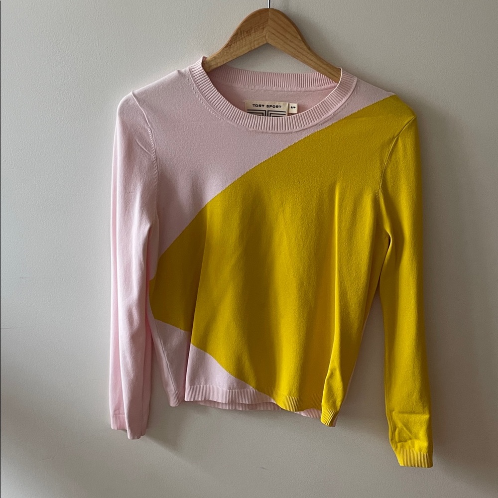 Tory Sport Pink and Yellow Diagonal Colorblock Crewneck